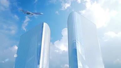 城市高楼科技大厦飞机客机商务楼顶飞过视频的预览图